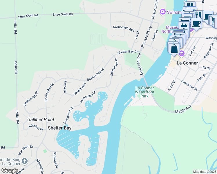 map of restaurants, bars, coffee shops, grocery stores, and more near 50 Swinomish Drive in La Conner