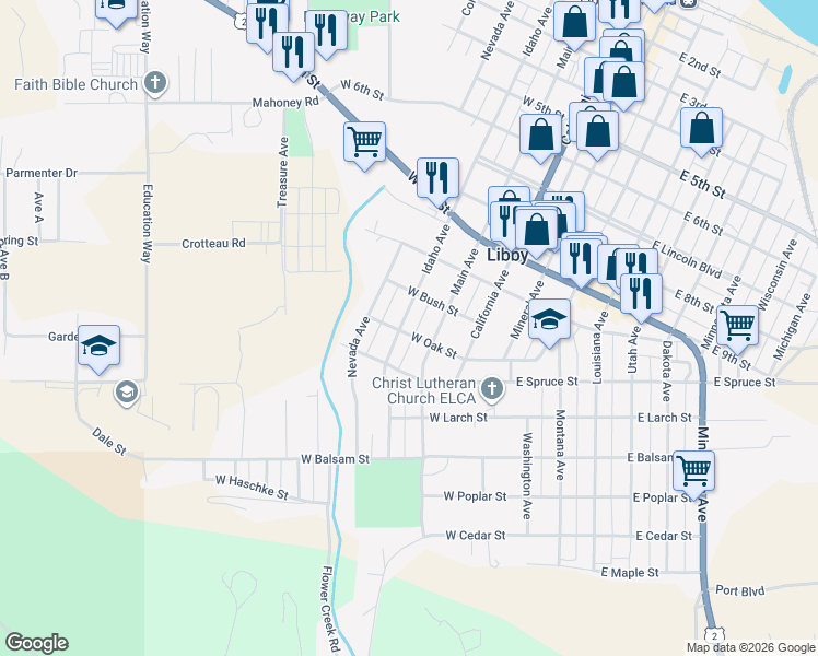 map of restaurants, bars, coffee shops, grocery stores, and more near 1102 Idaho Avenue in Libby