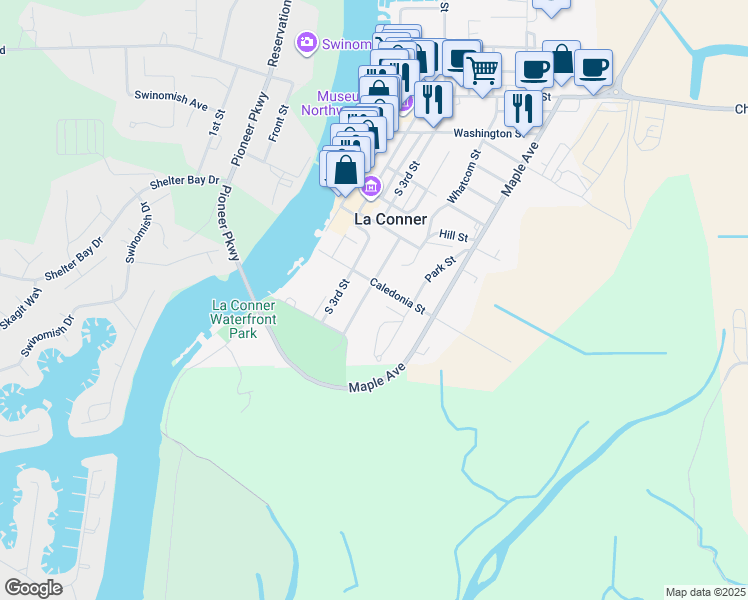 map of restaurants, bars, coffee shops, grocery stores, and more near 314 Caledonia Street in La Conner