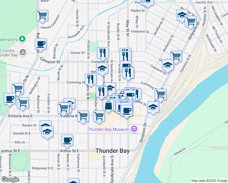 map of restaurants, bars, coffee shops, grocery stores, and more near 220 Syndicate Avenue North in Thunder Bay
