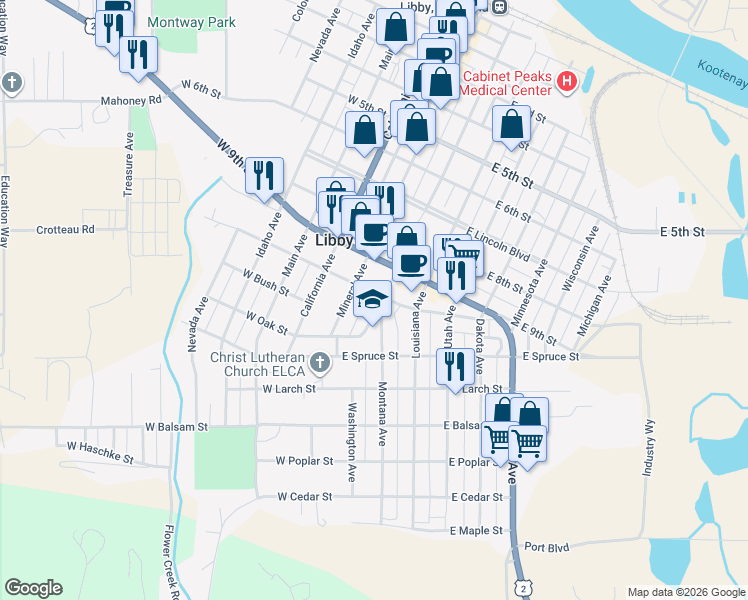 map of restaurants, bars, coffee shops, grocery stores, and more near 1004 Washington Avenue in Libby