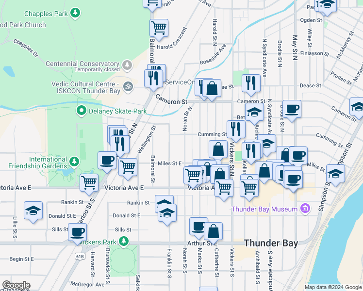 map of restaurants, bars, coffee shops, grocery stores, and more near 1312 Cumming Street in Thunder Bay