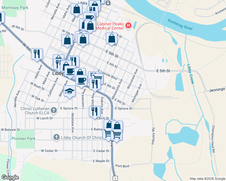 map of restaurants, bars, coffee shops, grocery stores, and more near 521 East 8th Street in Libby