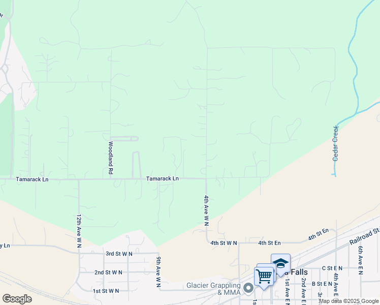 map of restaurants, bars, coffee shops, grocery stores, and more near 935 Tamarack Lane in Columbia Falls