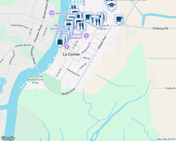 map of restaurants, bars, coffee shops, grocery stores, and more near 721 Maple Avenue in La Conner