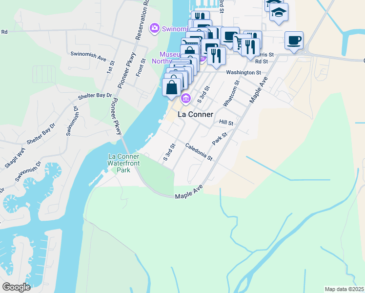 map of restaurants, bars, coffee shops, grocery stores, and more near 314 Caledonia Street in La Conner