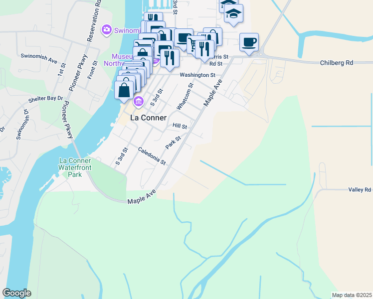 map of restaurants, bars, coffee shops, grocery stores, and more near 721 Maple Avenue in La Conner