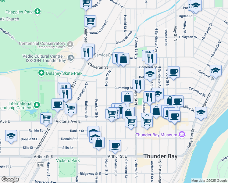map of restaurants, bars, coffee shops, grocery stores, and more near 239 Marks Street North in Thunder Bay