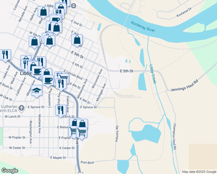 map of restaurants, bars, coffee shops, grocery stores, and more near 867 East Lincoln Boulevard in Libby