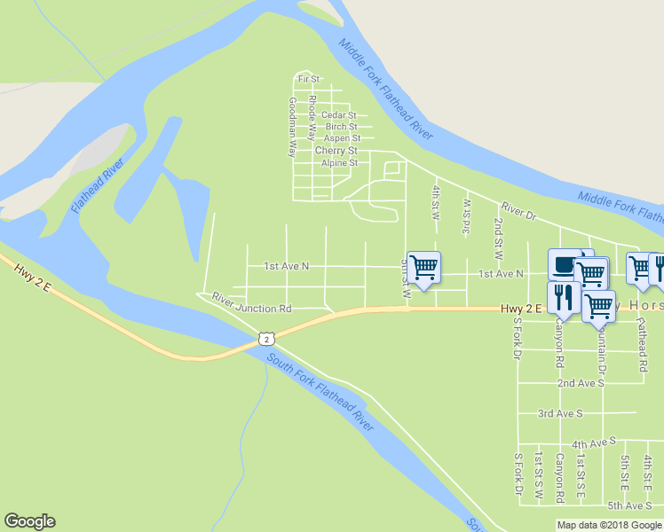 map of restaurants, bars, coffee shops, grocery stores, and more near 1st Avenue North in Hungry Horse