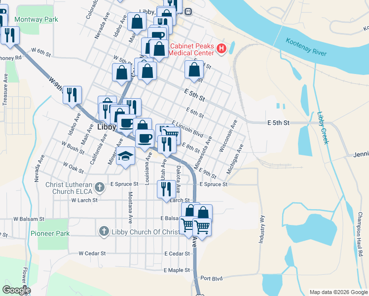 map of restaurants, bars, coffee shops, grocery stores, and more near 810 Dakota Avenue in Libby