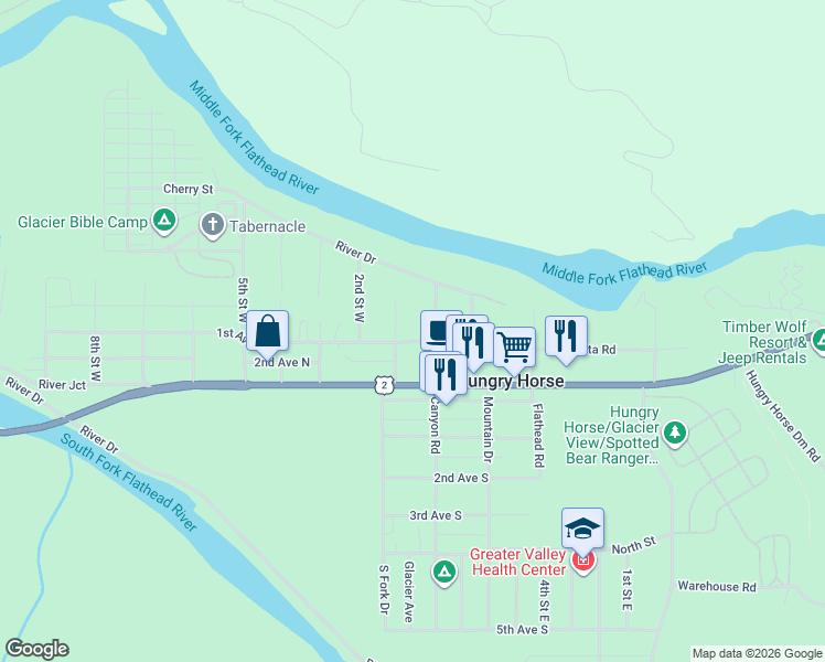 map of restaurants, bars, coffee shops, grocery stores, and more near 1st Avenue North in Hungry Horse