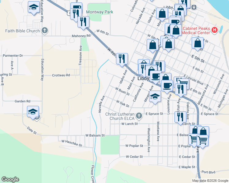 map of restaurants, bars, coffee shops, grocery stores, and more near 1102 Idaho Avenue in Libby