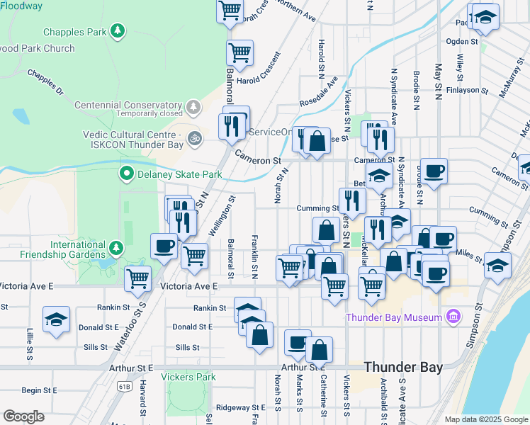 map of restaurants, bars, coffee shops, grocery stores, and more near 1312 Cumming Street in Thunder Bay