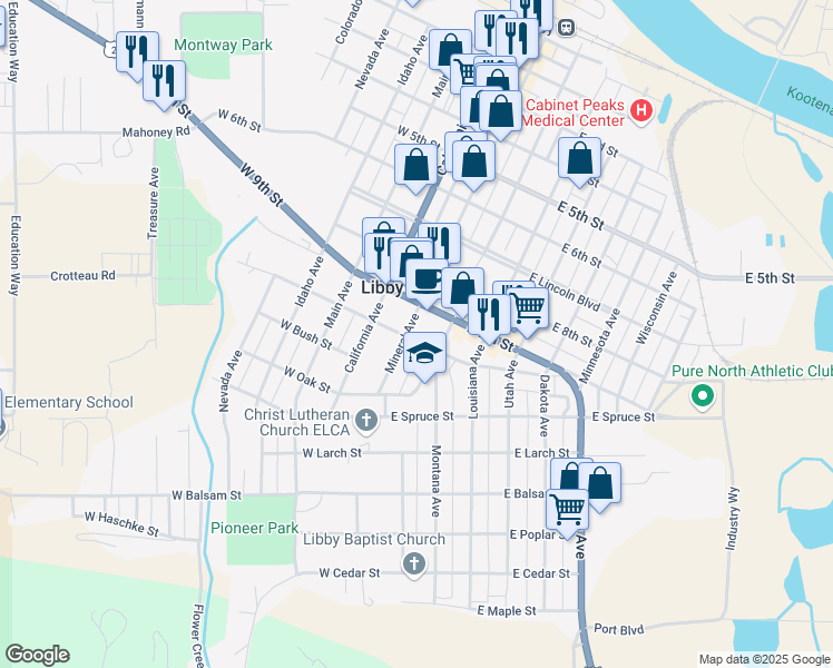 map of restaurants, bars, coffee shops, grocery stores, and more near 920 Montana Avenue in Libby