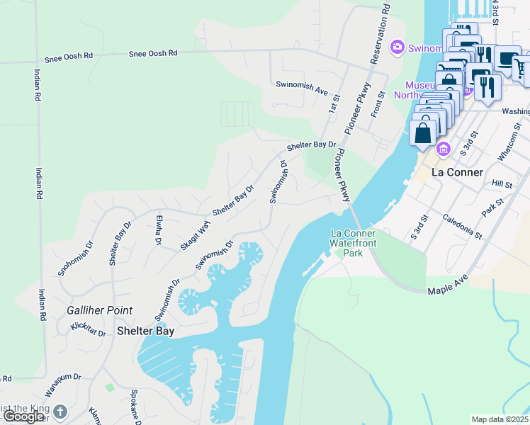 map of restaurants, bars, coffee shops, grocery stores, and more near 50 Swinomish Drive in La Conner