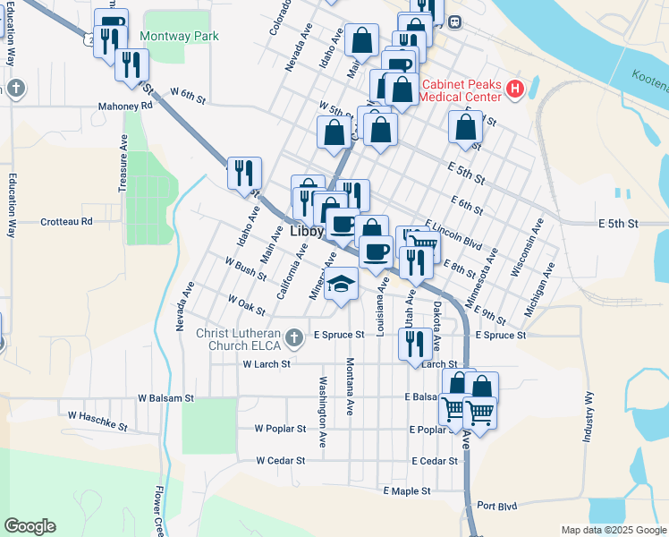 map of restaurants, bars, coffee shops, grocery stores, and more near 920 Montana Avenue in Libby