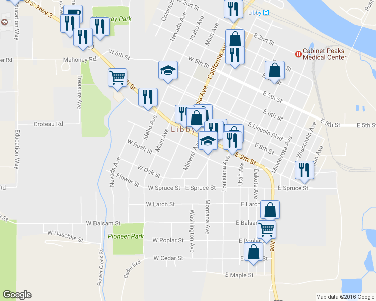 map of restaurants, bars, coffee shops, grocery stores, and more near 1004 Mineral Avenue in Libby