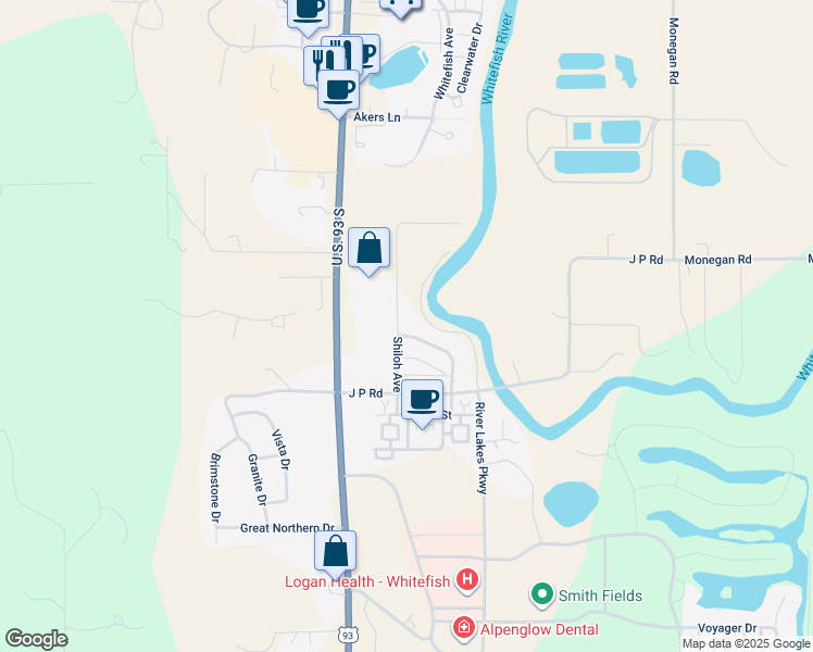 map of restaurants, bars, coffee shops, grocery stores, and more near 6231 Shiloh Avenue in Whitefish