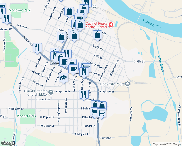 map of restaurants, bars, coffee shops, grocery stores, and more near 413 East 8th Street in Libby