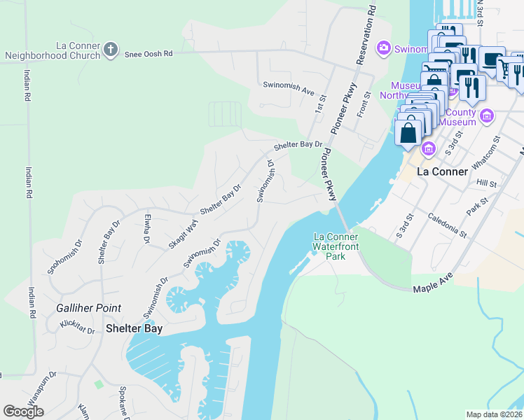 map of restaurants, bars, coffee shops, grocery stores, and more near 50 Swinomish Drive in La Conner