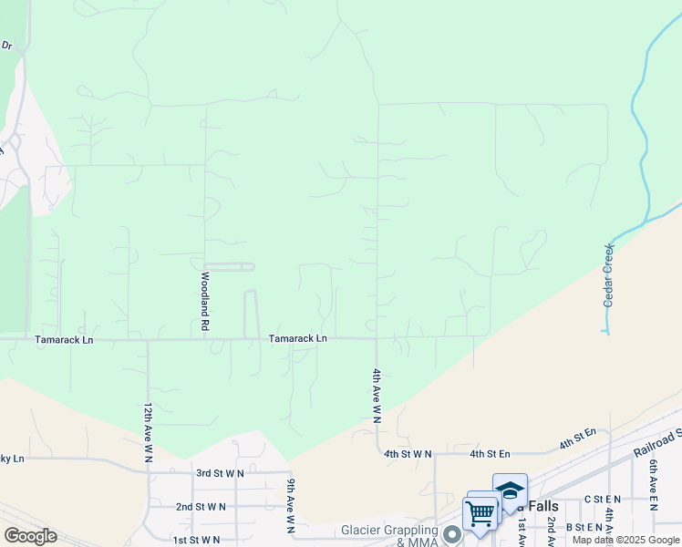 map of restaurants, bars, coffee shops, grocery stores, and more near 935 Tamarack Lane in Columbia Falls