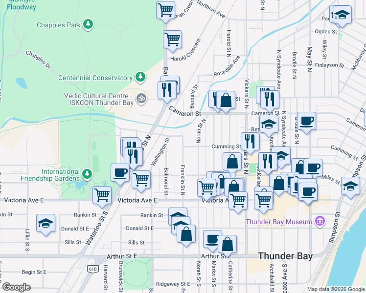 map of restaurants, bars, coffee shops, grocery stores, and more near Franklin Street North in Thunder Bay