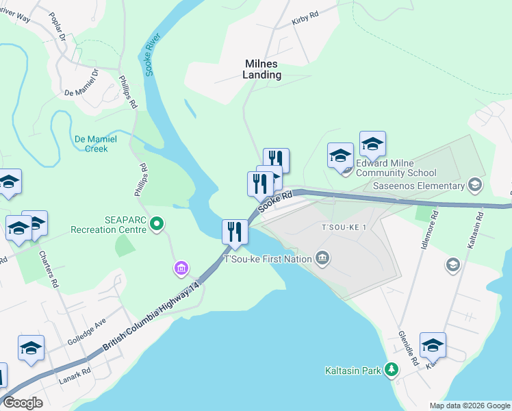map of restaurants, bars, coffee shops, grocery stores, and more near 6280 Sooke Road in Sooke