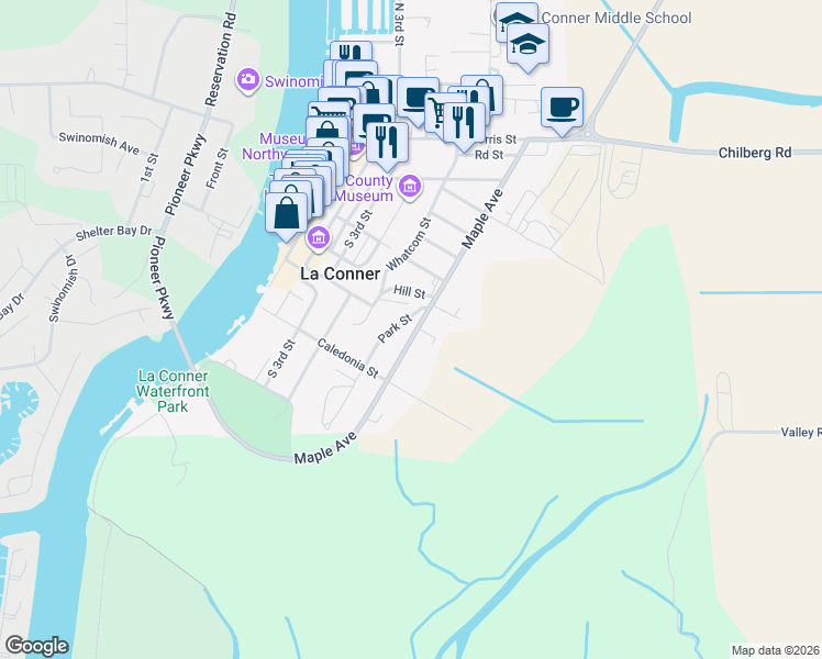 map of restaurants, bars, coffee shops, grocery stores, and more near 721 Maple Avenue in La Conner