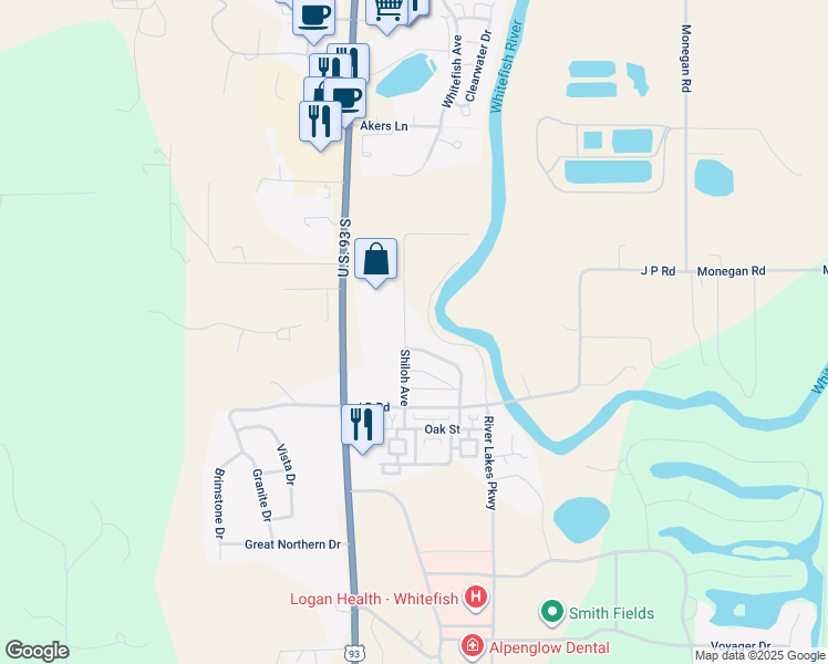 map of restaurants, bars, coffee shops, grocery stores, and more near 6231 Shiloh Avenue in Whitefish