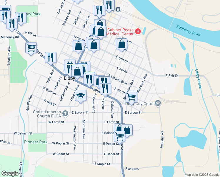 map of restaurants, bars, coffee shops, grocery stores, and more near 413 East 8th Street in Libby