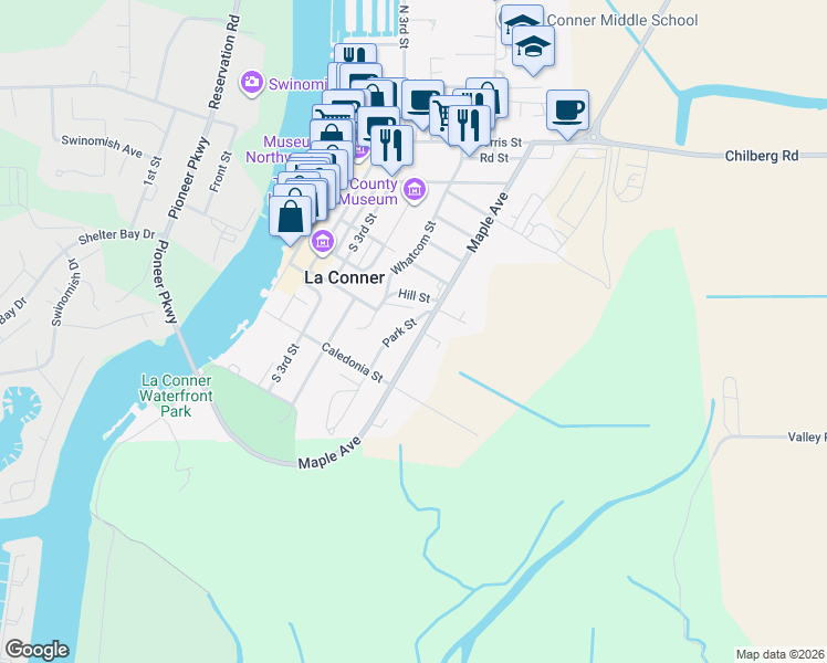 map of restaurants, bars, coffee shops, grocery stores, and more near 721 Maple Avenue in La Conner