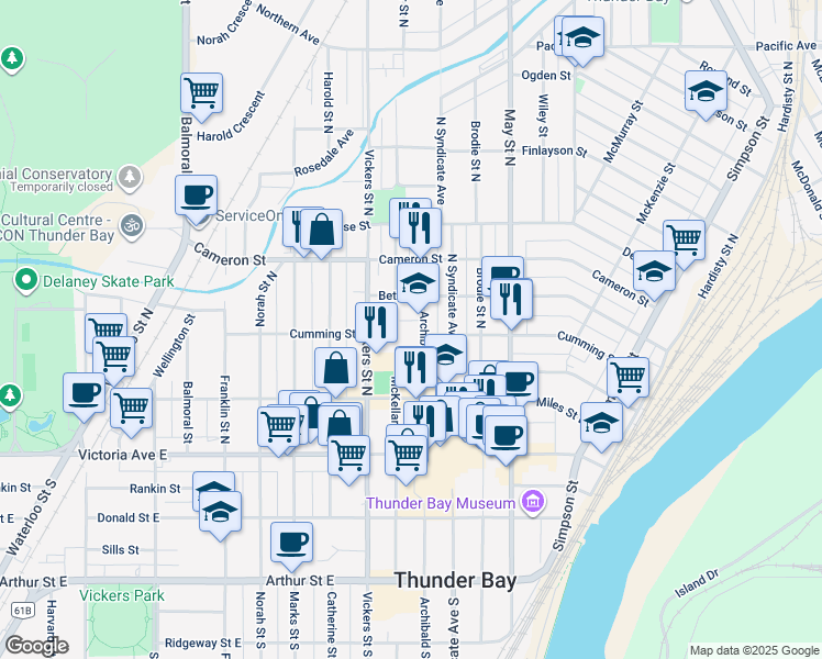 map of restaurants, bars, coffee shops, grocery stores, and more near 301 Archibald Street North in Thunder Bay