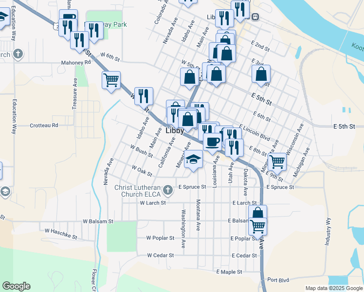 map of restaurants, bars, coffee shops, grocery stores, and more near 1004 Mineral Avenue in Libby