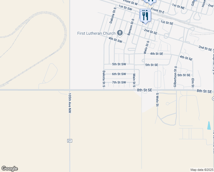 map of restaurants, bars, coffee shops, grocery stores, and more near 205 7th Street Southwest in Tioga