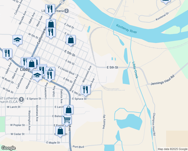 map of restaurants, bars, coffee shops, grocery stores, and more near 867 E Lincoln Blvd in Libby