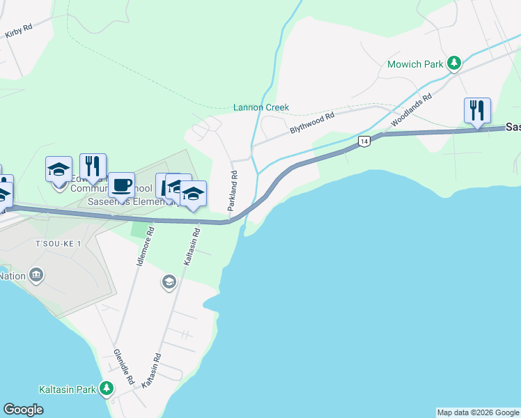 map of restaurants, bars, coffee shops, grocery stores, and more near 2105 Parkland Road in Sooke