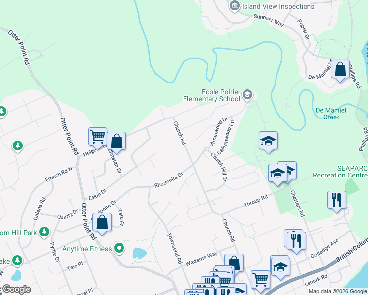 map of restaurants, bars, coffee shops, grocery stores, and more near 2355 Church Road in Sooke