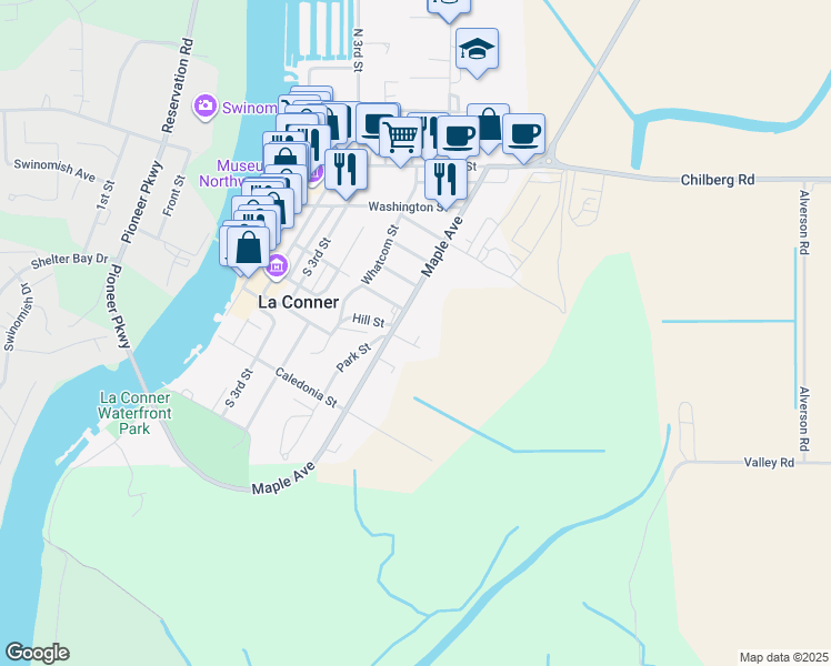 map of restaurants, bars, coffee shops, grocery stores, and more near 523 Maple Avenue in La Conner