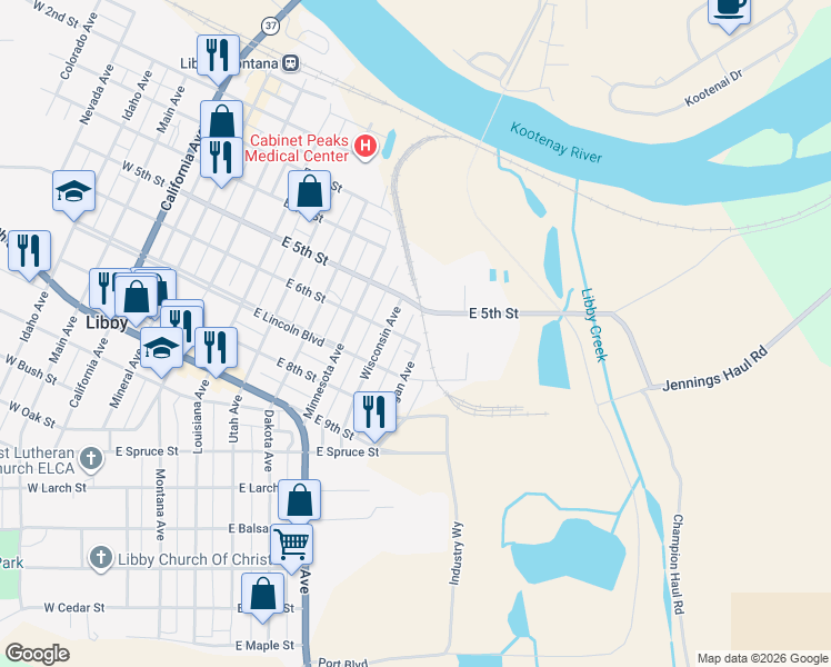 map of restaurants, bars, coffee shops, grocery stores, and more near 722 East 6th Street in Libby