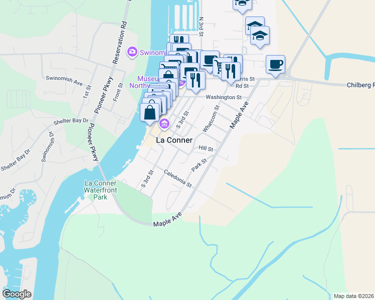 map of restaurants, bars, coffee shops, grocery stores, and more near 619 South 4th Street in La Conner