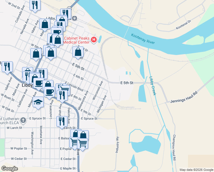 map of restaurants, bars, coffee shops, grocery stores, and more near 713 5th Saint E Exd in Libby