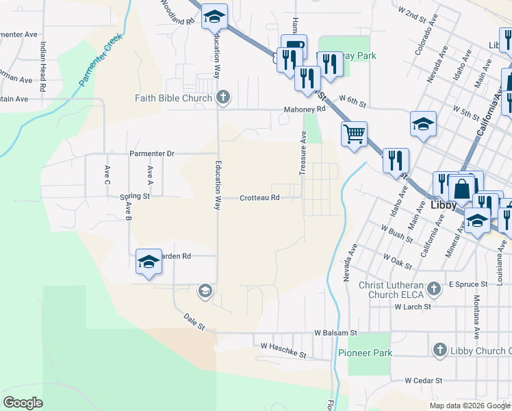 map of restaurants, bars, coffee shops, grocery stores, and more near 101-883 Croteau Road in Libby