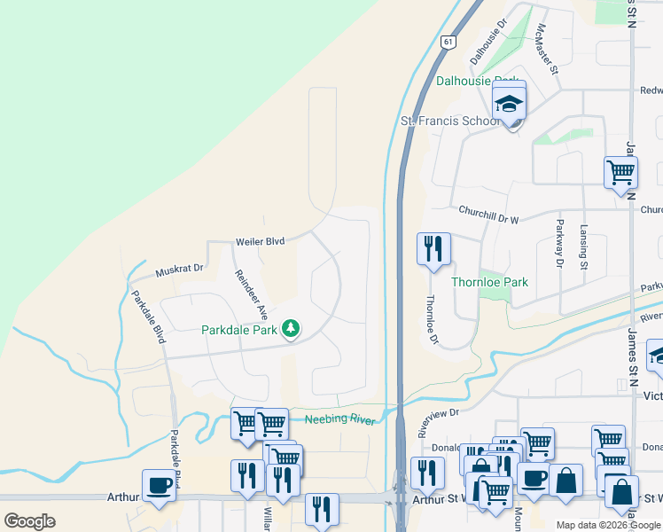 map of restaurants, bars, coffee shops, grocery stores, and more near 100 Lynx Crescent in Thunder Bay