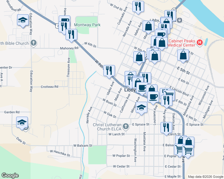 map of restaurants, bars, coffee shops, grocery stores, and more near 901-915 Idaho Avenue in Libby