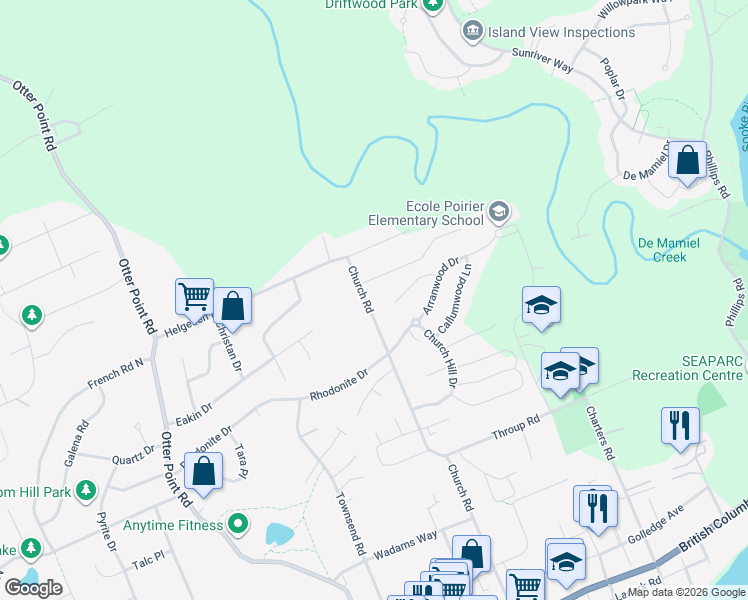 map of restaurants, bars, coffee shops, grocery stores, and more near 2355 Church Road in Sooke