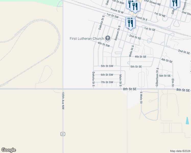 map of restaurants, bars, coffee shops, grocery stores, and more near 213 6th Street Southwest in Tioga