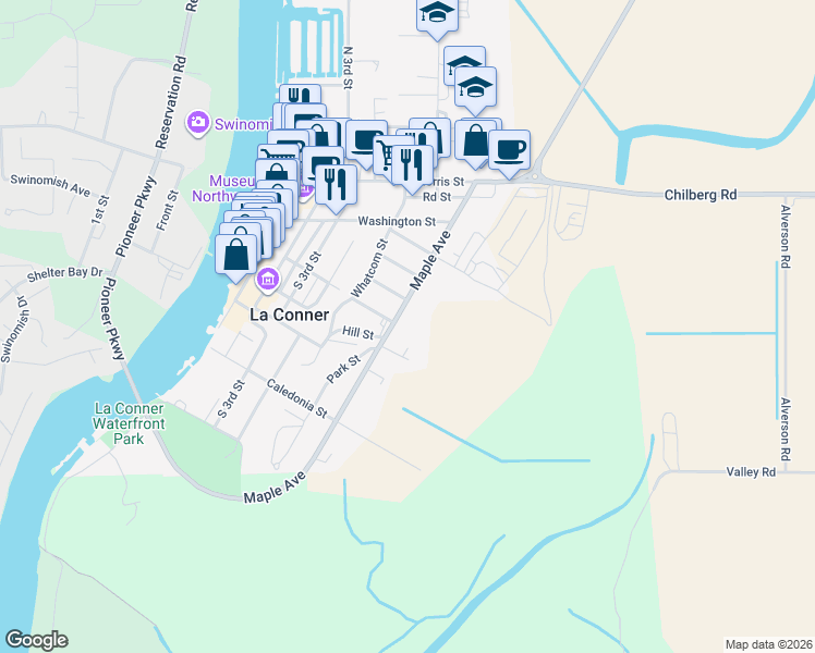 map of restaurants, bars, coffee shops, grocery stores, and more near 523 Maple Avenue in La Conner