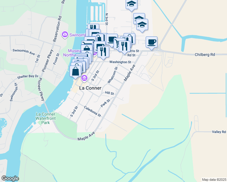 map of restaurants, bars, coffee shops, grocery stores, and more near 518 Myrtle Street in La Conner