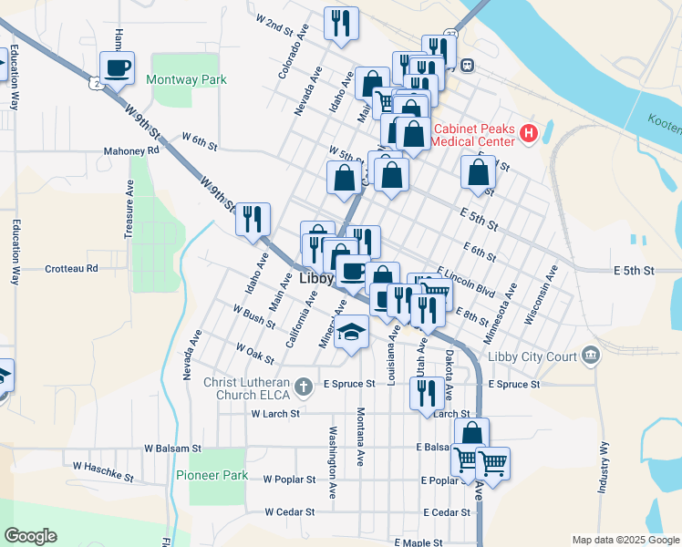 map of restaurants, bars, coffee shops, grocery stores, and more near in Libby